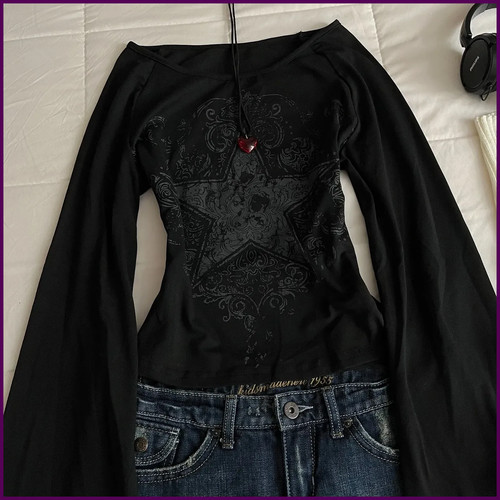 Y2k grunge emo pattern top - y2k,